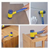 A set of yellow and blue rubber and plastic hammers shown in various angles and usage contexts.