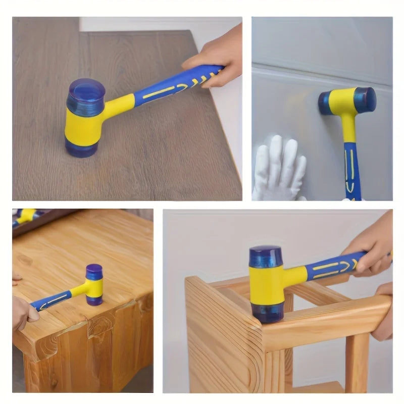 A set of yellow and blue rubber and plastic hammers shown in various angles and usage contexts.