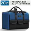 A blue and black heavy duty multi-compartment tool organizer bag with a carrying handle.