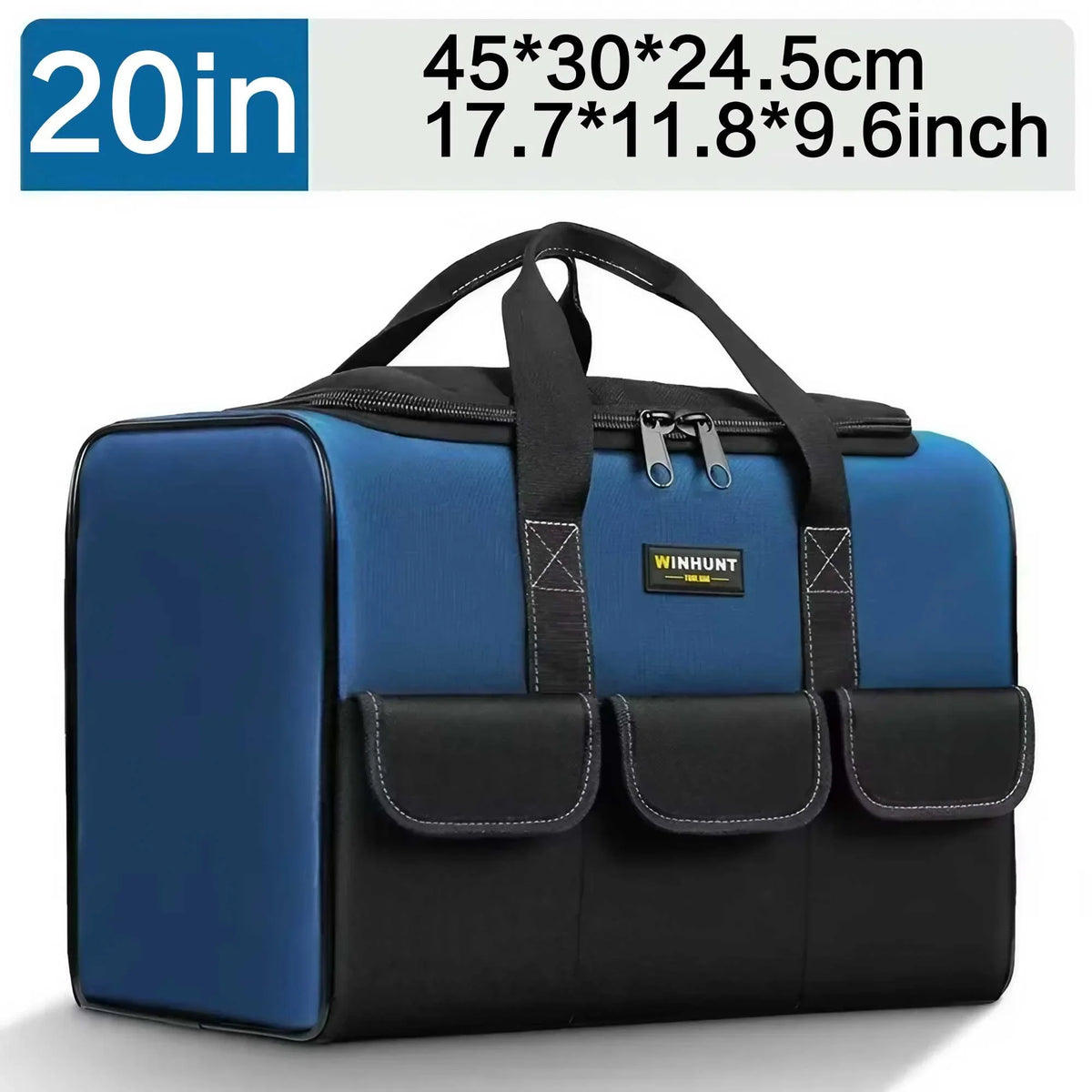 A blue and black heavy duty multi-compartment tool organizer bag with a carrying handle.