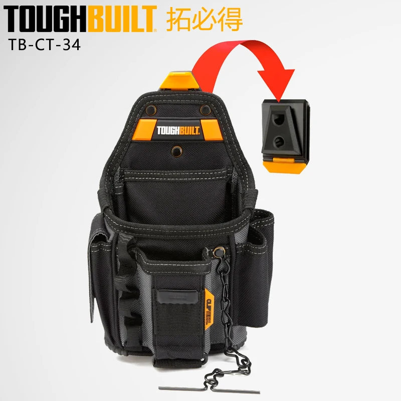 حقيبة تخزين أداة سوداء ToughBuilt TB-CT-34 مع علامة سحب برتقالية وكابل مرفق.