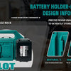A battery holder storage rack with six slots designed to neatly store a battery.