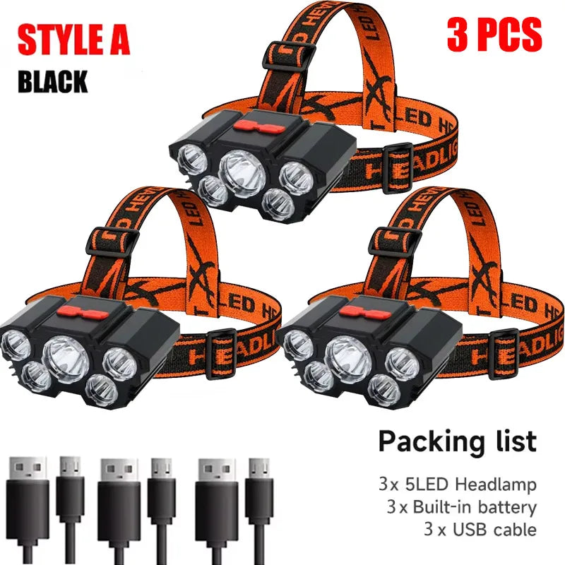 Three orange and black style A LED headlamps with a packing list showing three headlamps, batteries, and USB cables.