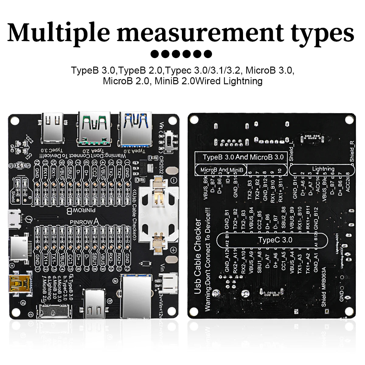 A board featuring multiple measurement types including TypeB, TypeC, MicroB, and MiniB connectors for cable testing.
