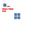 Four light blue self-adhesive furniture sliders measuring 20mm by 20mm for floor protection.