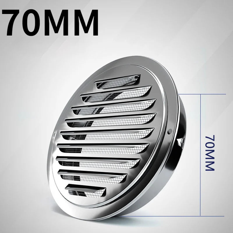 A close-up view of a round stainless steel air vent grille with a 70mm diameter, designed for wall protection.