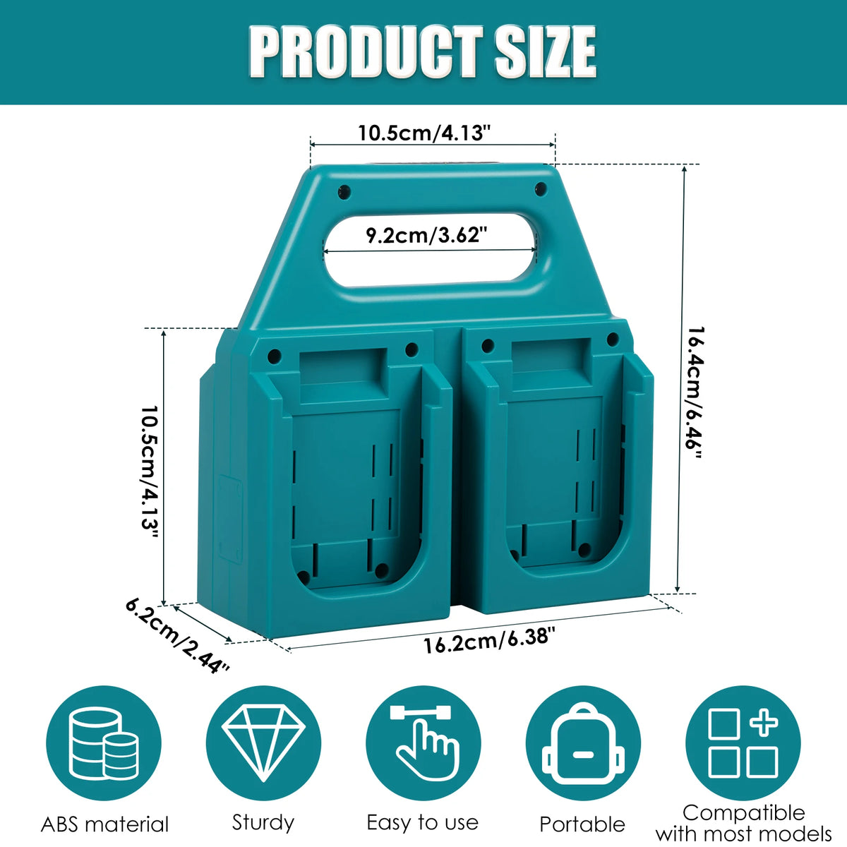 A teal heavy-duty battery storage organizer with dimensions 10.5cm by 9.2cm and a depth of 16.2cm.