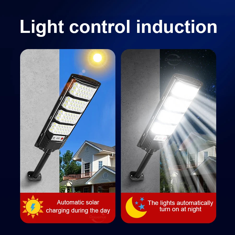 An automatic solar light fixture illuminating a house at night, showing the light turning on automatically.