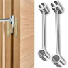 A pair of heavy duty adjustable door hinge wrenches with chrome finish shown against a wooden door panel.