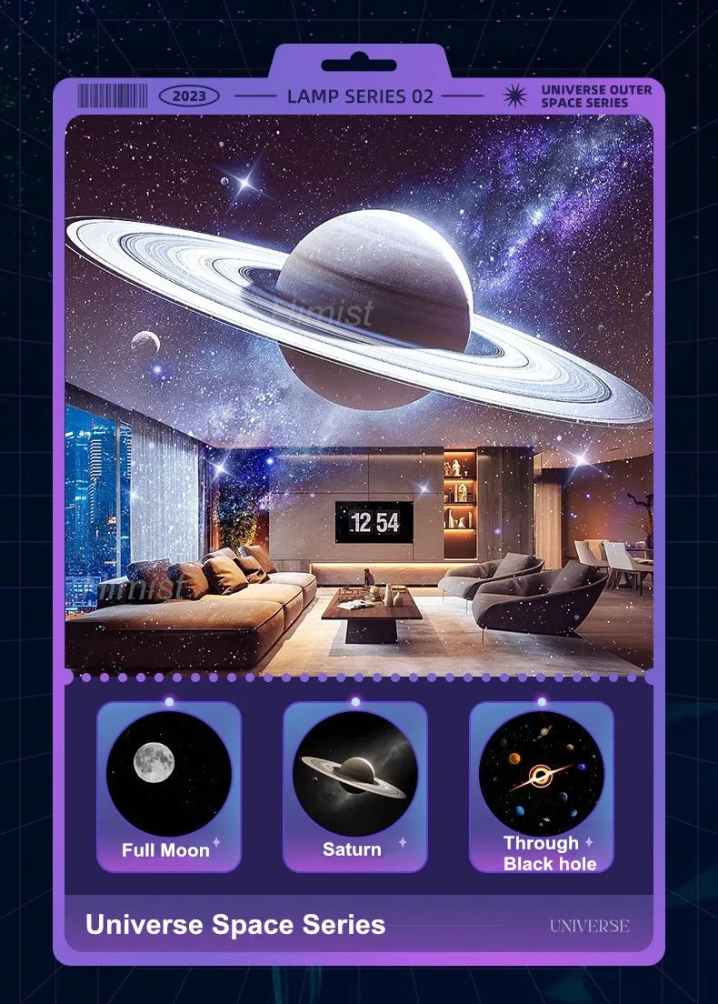 A colorful projector displays a night sky scene featuring planets and a black hole on a dark background.