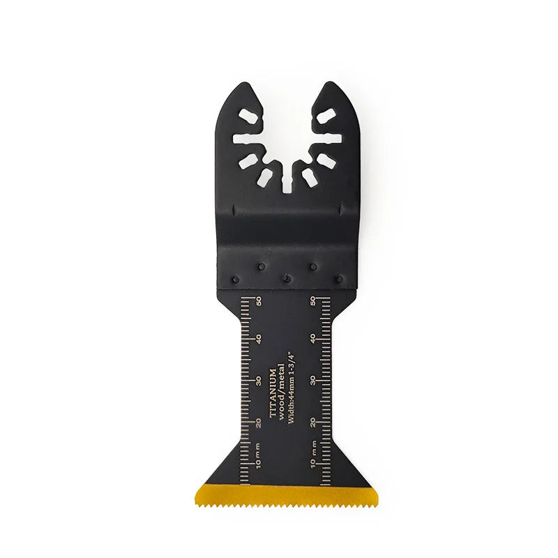 A black titanium oscillating saw blade multitool accessory with a yellow cutting edge.