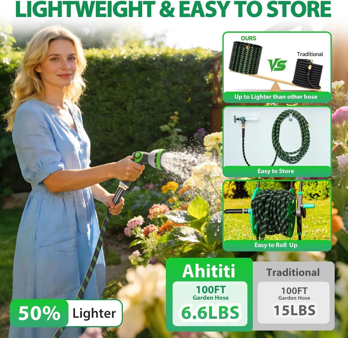 A woman sprays a garden with a lightweight, easy-to-store 100ft non-retractable garden hose.