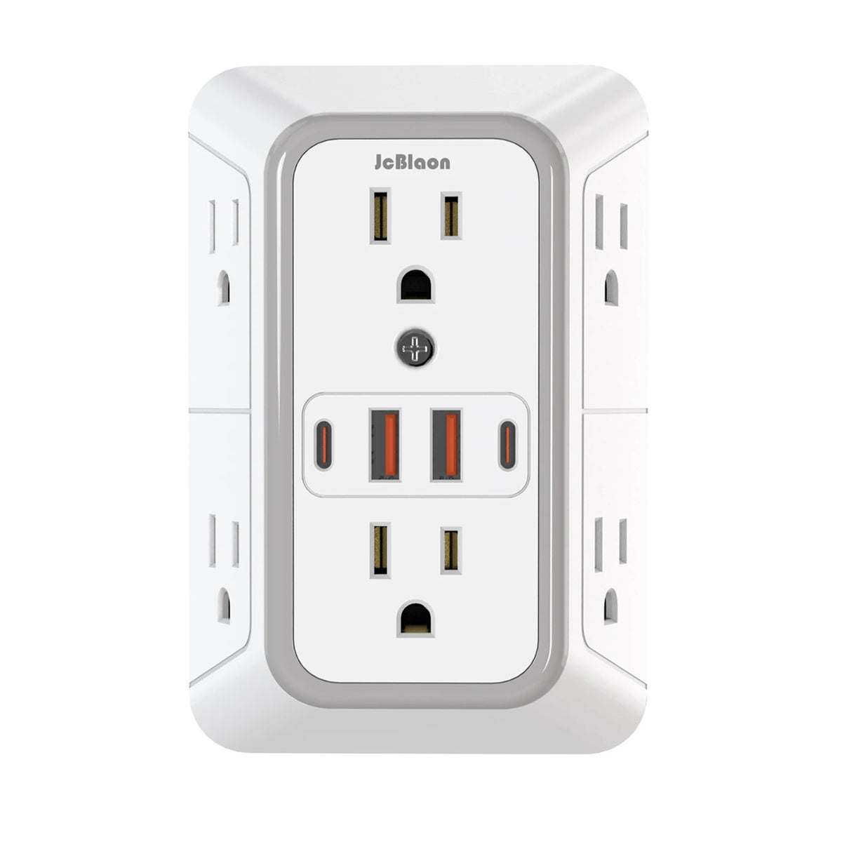 A white JBlaon 6-in-1 universal power strip with multiple outlets and USB charging ports.