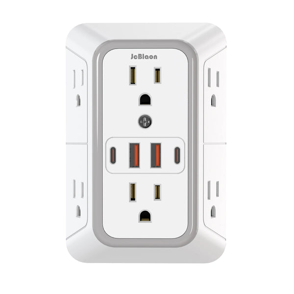 A white JBlaon 6-in-1 universal power strip with multiple outlets and USB charging ports.