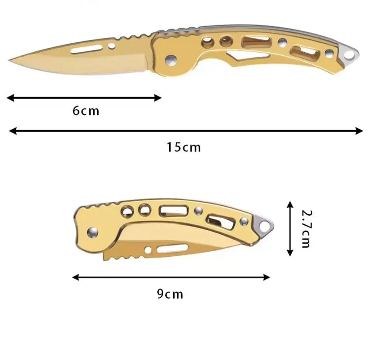 A stainless steel folding keychain knife shown in profile with dimensions of 6cm and 15cm.