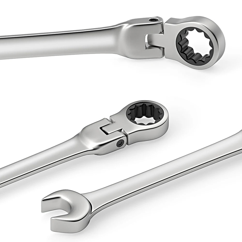 A set of silver heavy-duty ratcheting combination wrenches shown in various angles.