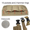 Beige Werkattop mit 10 Taschen und 2 Hammerringe, gezeigt neben einer wasserdichten Scheibe und Riemen.