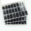 A clear plastic container filled with an assortment of black precision hex socket head cap screws and nuts.