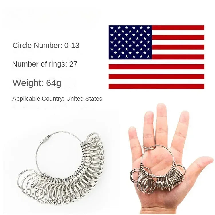 Precision stainless steel ring sizer gauge kit with 27 rings and a US flag background