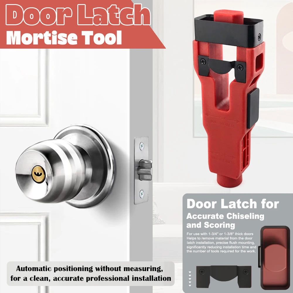A red door latch mortise tool with a black handle and a silver latch component shown next to a door frame.