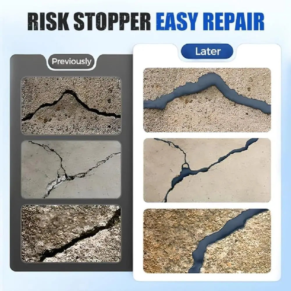 Comparison showing a concrete crack before and after repair using a risk stopper sealant.