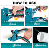 Instructions for using a heavy-duty PVC pipe cutter and deburring tool showing unlock, open, cutting, and deburring steps