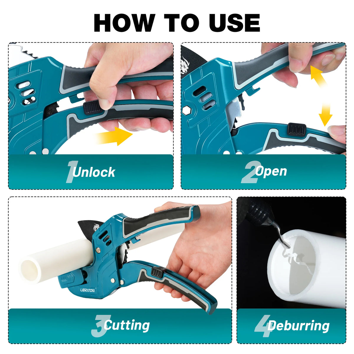 Instructions for using a heavy-duty PVC pipe cutter and deburring tool showing unlock, open, cutting, and deburring steps