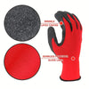 A pair of red protective work gloves with black accents, showing the latex-coated palm and seamless polyester glove liner.