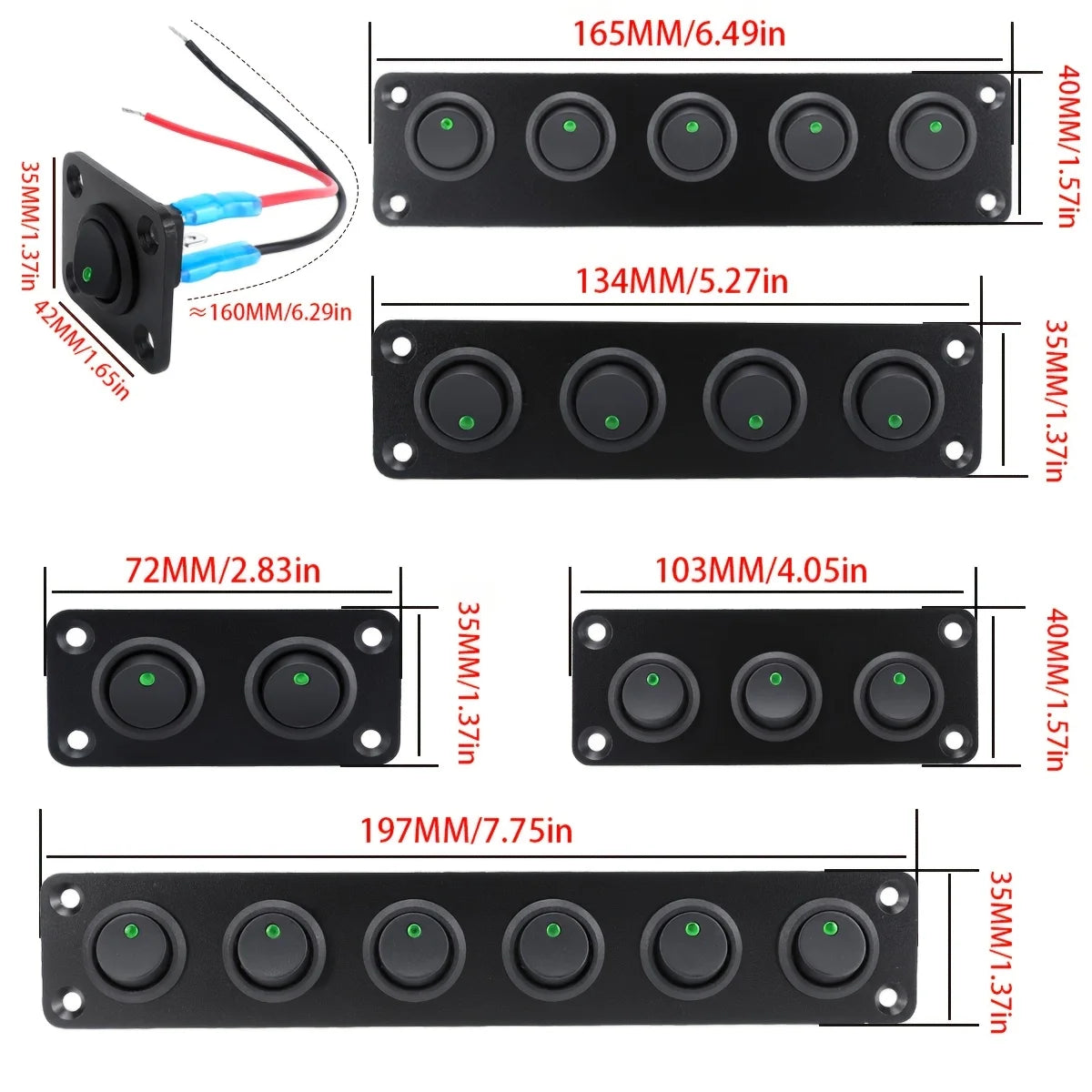 A collection of circular joystick switch panels in black and green, shown with various dimensions.