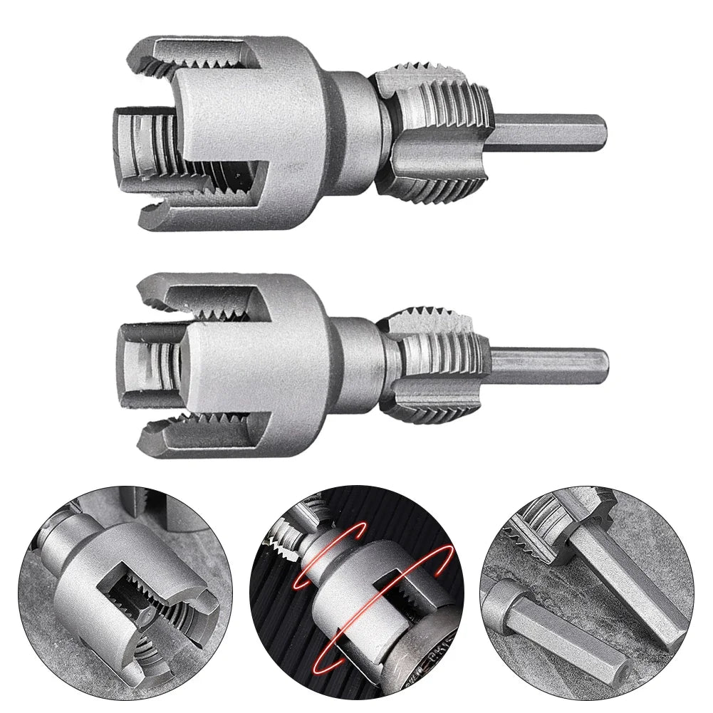 A set of electric drill pipe thread cutting tools shown in various views and close-ups.