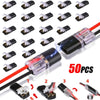 A collection of 50 universal double-wire LED plug connectors in various sizes and configurations.
