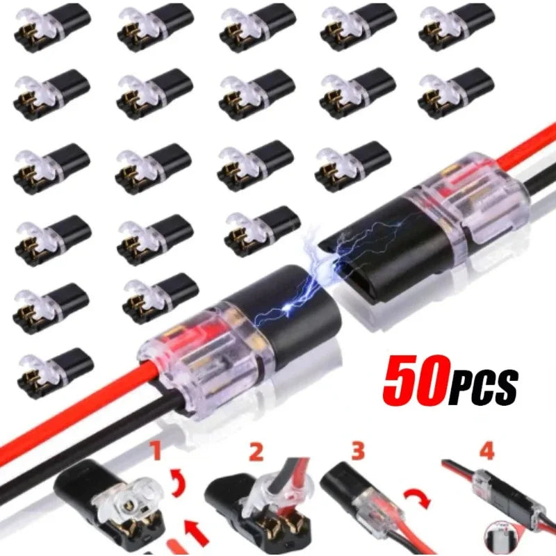 A collection of 50 universal double-wire LED plug connectors in various sizes and configurations.