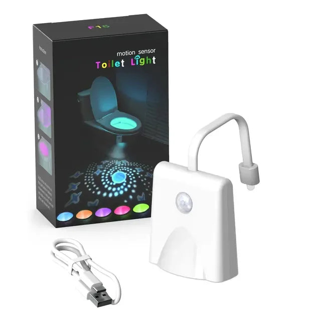A white motion sensor toilet light fixture with a cord is shown next to its packaging box.