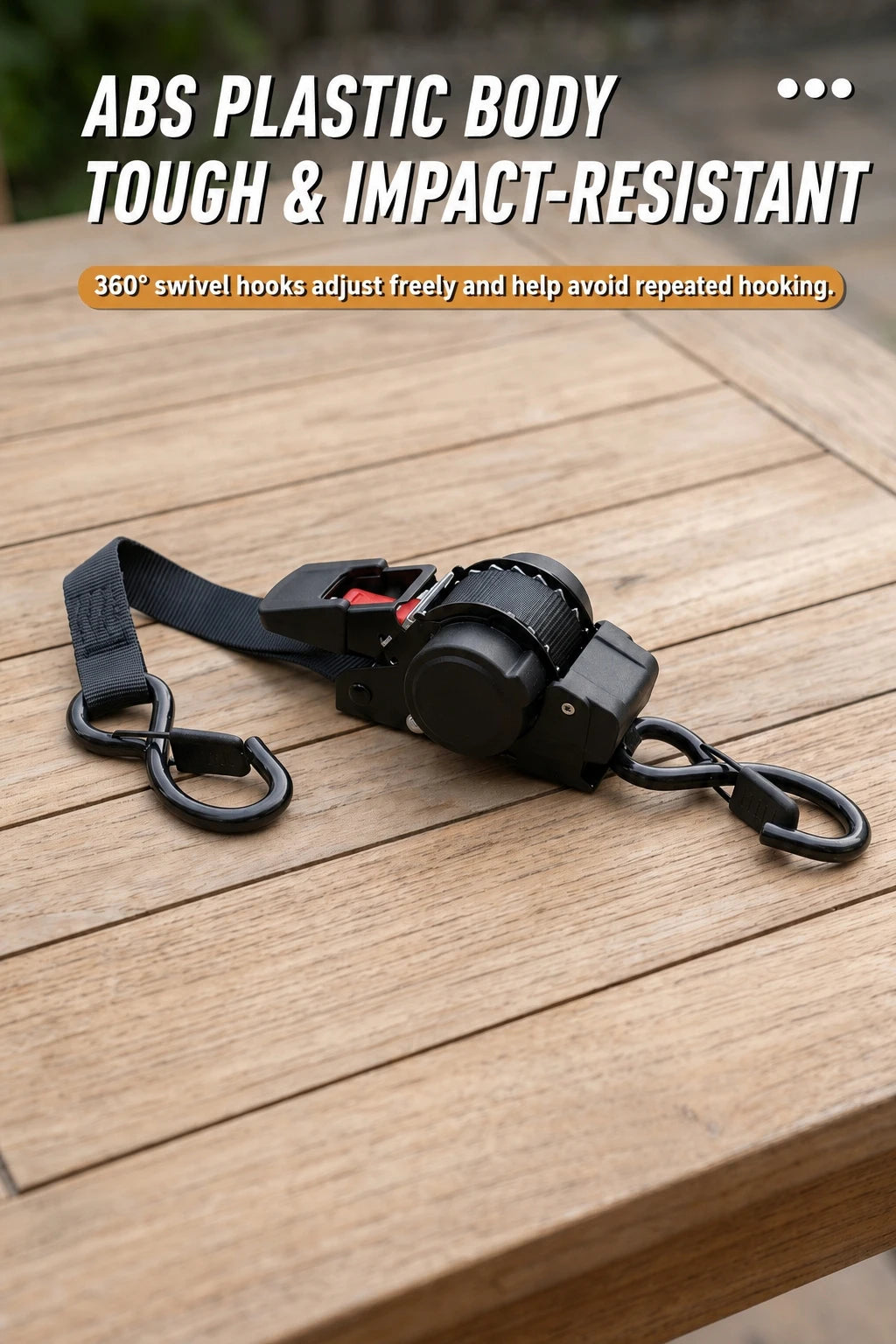 Black ABS plastic body tool with swivel hooks used for cargo securing