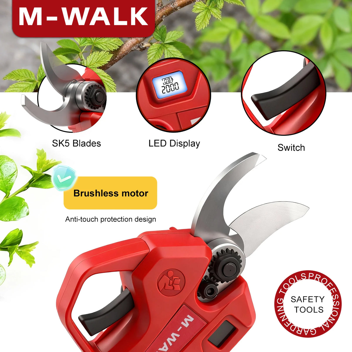 Red M-WALK brushless electric pruning shears with LED display and switch components shown.