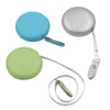 A set of three color-coded retractable dual scale measuring tapes in blue, silver, and green.