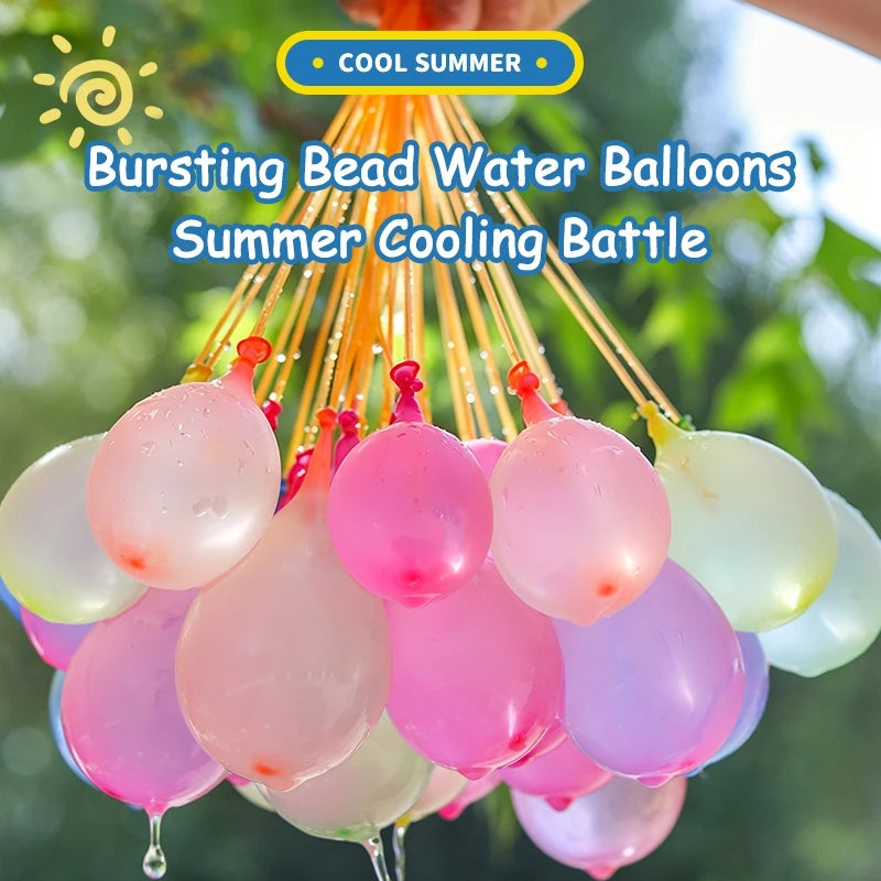 A collection of colorful bead water balloons are suspended against a green, leafy background for a summer cooling battle.