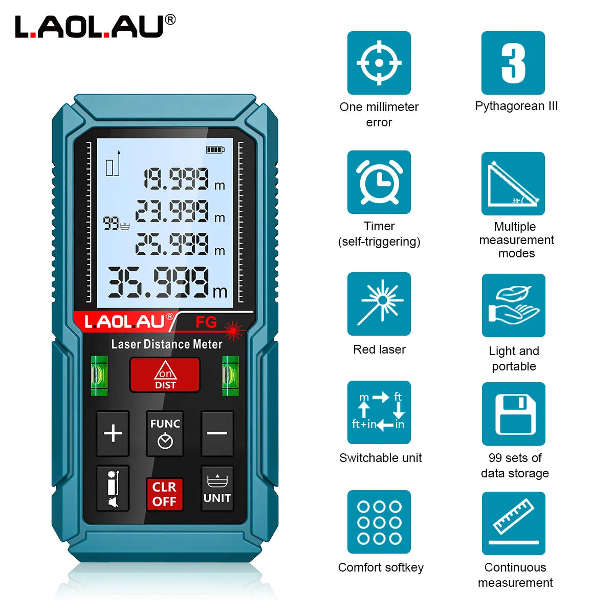 A teal digital laser distance meter device with various measurement modes and features displayed on its screen.