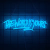 A neon sign glows bright blue on a dark grid background displaying the text The World Is Yours