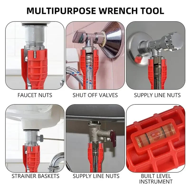 A set of red and silver multi-purpose wrench tools used for various plumbing tasks like faucet nuts, shut off valves, and sup