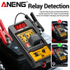 A digital relay detection tester with a red light for damage and a green light for good battery voltage detection.