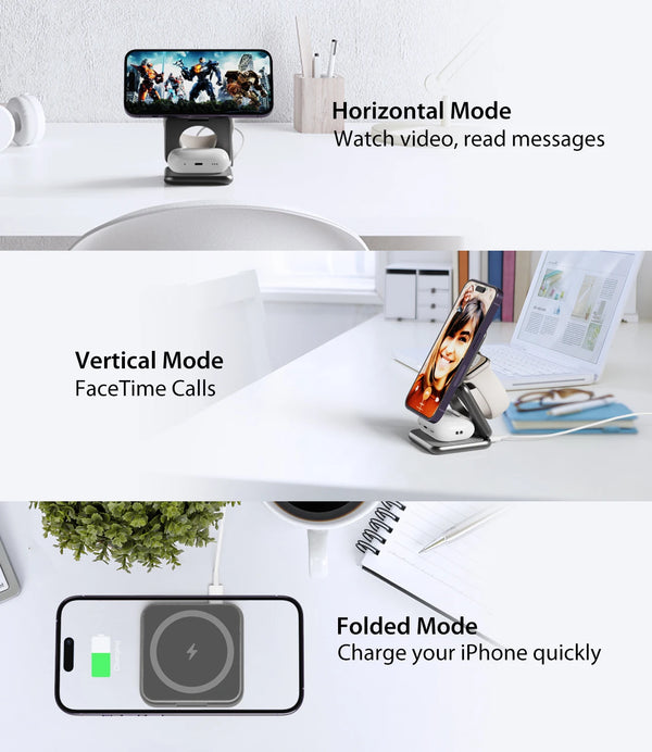 A 3-in-1 foldable magnetic wireless charging stand demonstrating horizontal, vertical, and folded modes for an iPhone.