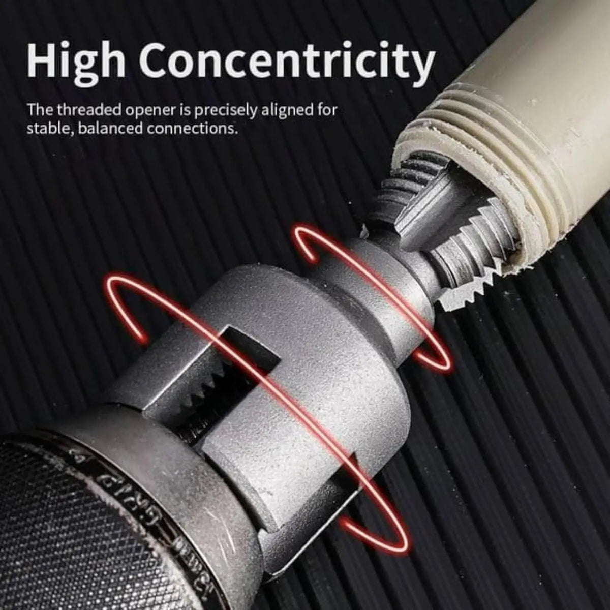 Close-up of a threaded opener tool for electric drill pipe, showing precision alignment and connection.