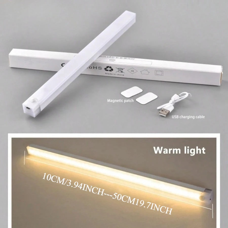 شريط إضاءة ليلي من LED بحساس حركة أبيض مع كابل شحن USB ورقعة مغناطيسية بجانب ضوء دافئ متوهج