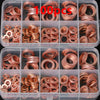 A clear plastic box filled with 100 precision copper gaskets and washers.