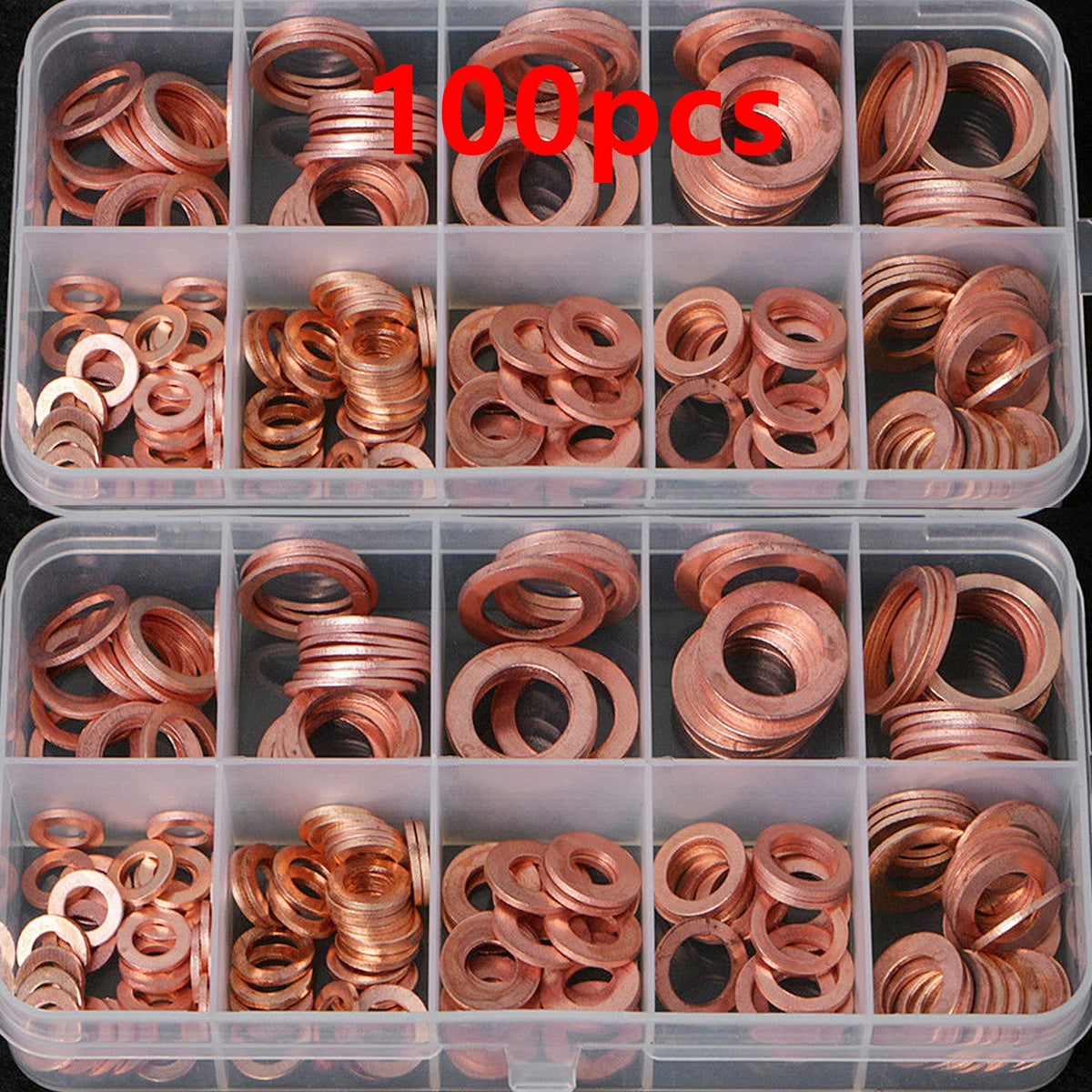 A clear plastic box filled with 100 precision copper gaskets and washers.