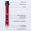 A red non-contact AC voltage detector pen showing various features like a battery cover, door lock, pen clip, adjustment key,