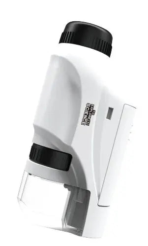 A white handheld educational microscope for kids with a black cap and clear viewing area.
