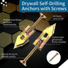 A set of gold-colored drywall self-drilling anchors with screws shown against a dark background.