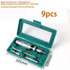 A green box containing a set of 9 precision impact screwdrivers and bits.